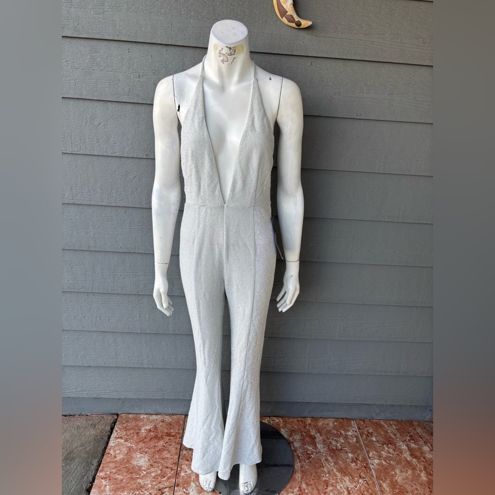 Hera Collection Silver Plunge Halter Jumpsuit with Subtle Sparkle